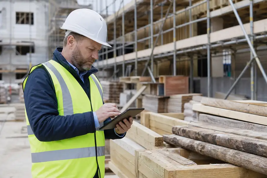 Construction site manager reviewing costs on a tablet beside building materials