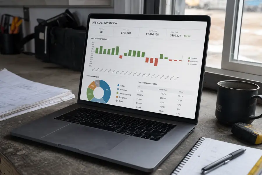 Job cost dashboard with project profit bars on a laptop at a job site trailer