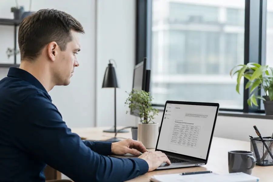 Person at a laptop using an AI chat assistant to generate a mileage log document, modern office, realistic photo