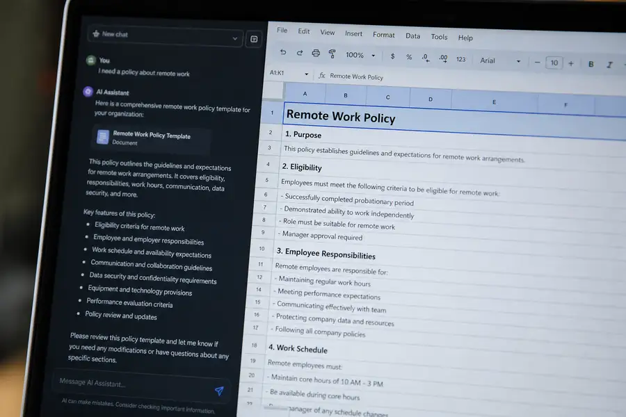 Of a screen showing a spreadsheet or policy document being built from an AI chat conversation, shallow depth of field, realistic photo