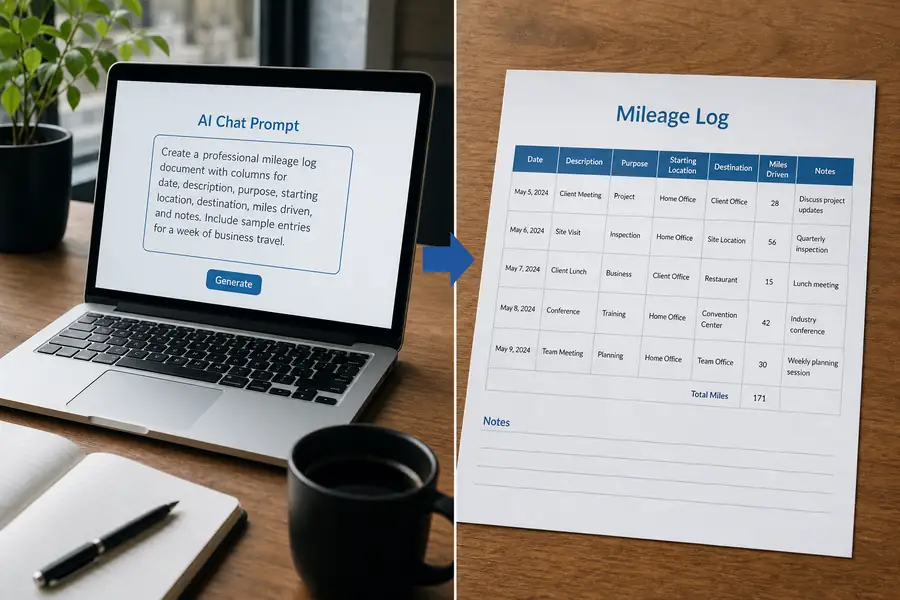 Split illustration: AI chat prompt on the left transforming into a finished mileage log document on the right, modern flat style, brand blue accents