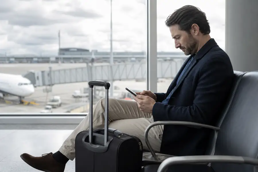 Business traveler with carry-on reviewing expenses on a phone at an airport gate