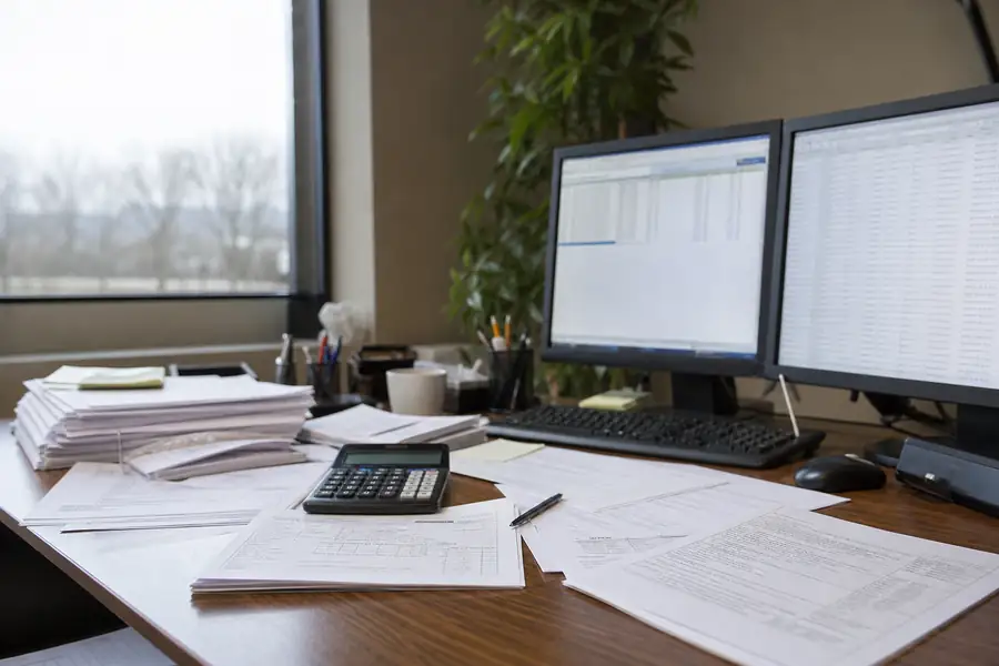 Bookkeeper at a desk with tax forms, calculator and dual monitors, realistic photo