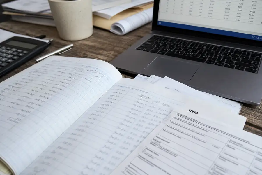 Of organized ledger and 1099 forms beside a laptop with accounting software, shallow depth of field, realistic photo