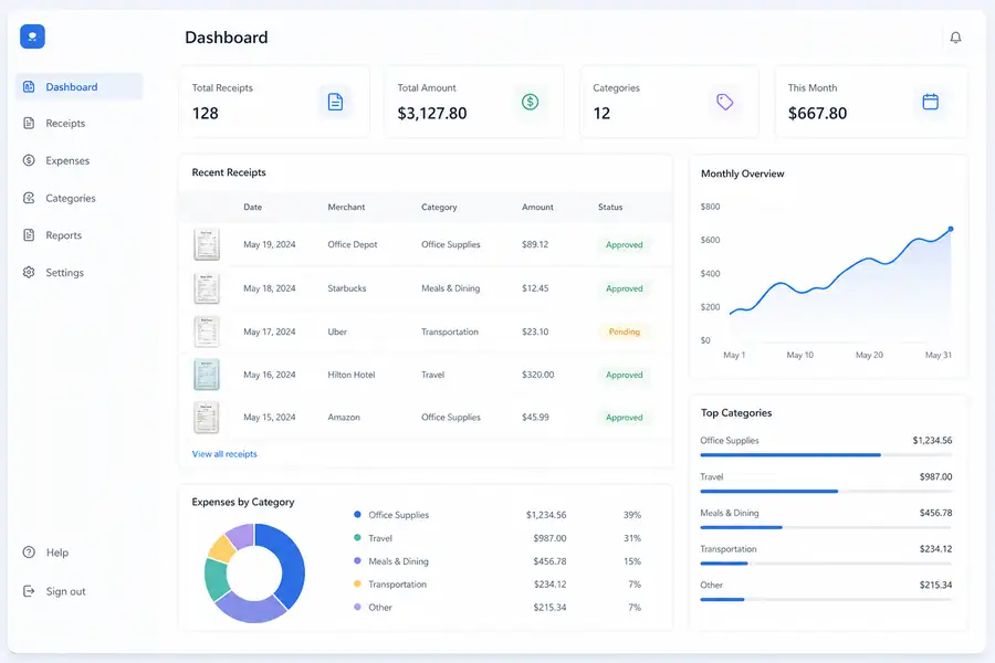 Clean SaaS dashboard illustration for organize business receipts, modern flat UI style, brand blue accents