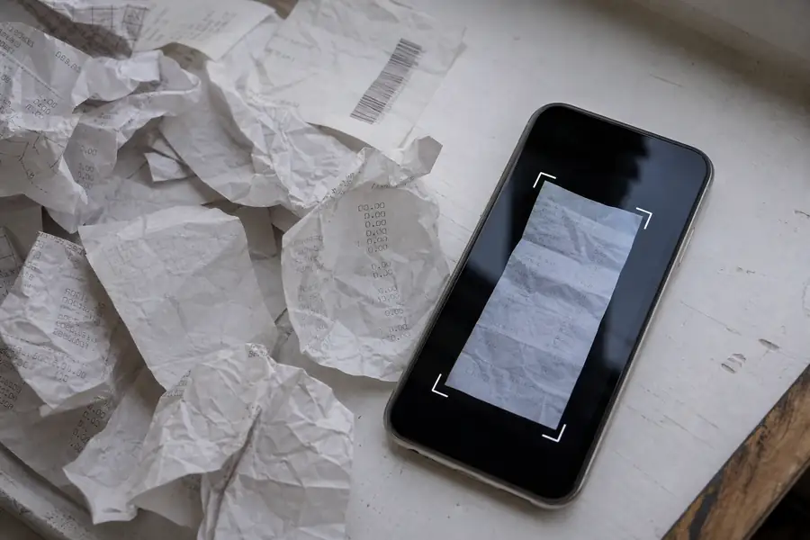 Crumpled paper receipts scattered next to a smartphone scanning one