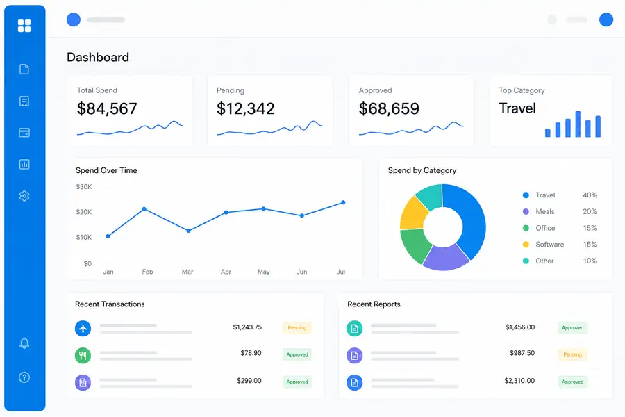 Clean SaaS dashboard illustration for reimbursable, modern flat UI style, brand blue accents