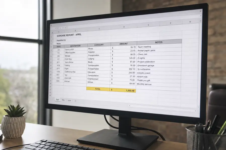 Expense report spreadsheet on a monitor with highlighted totals