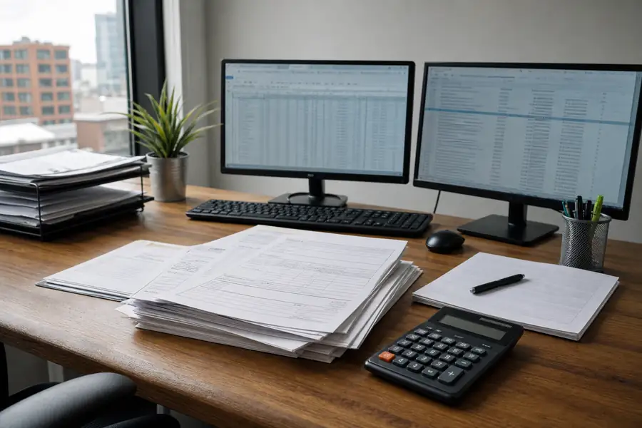 Bookkeeper at a desk with tax forms, calculator and dual monitors, realistic photo