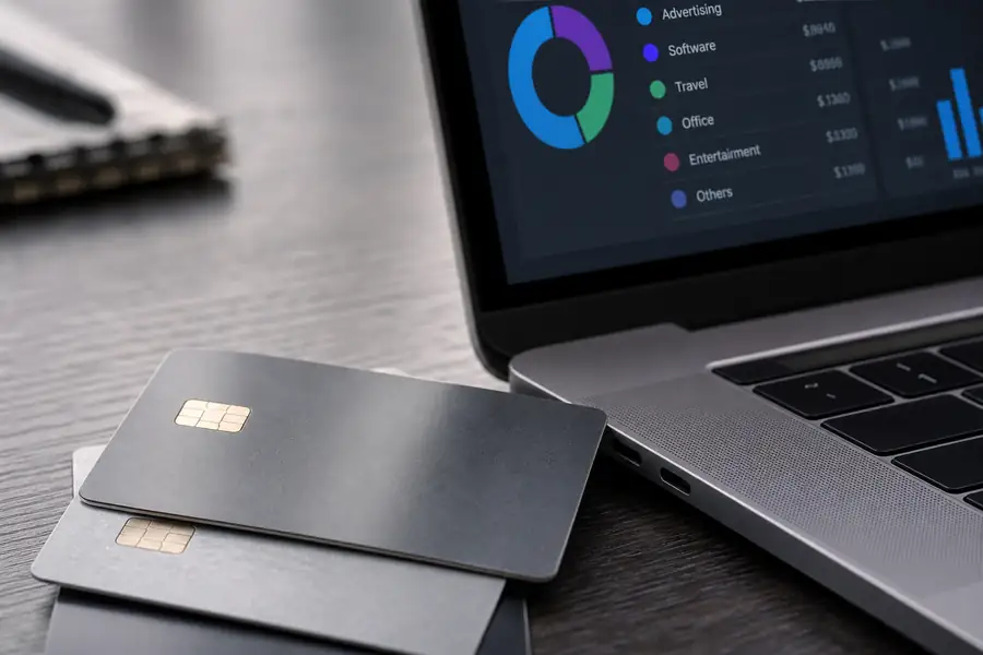 Of corporate cards laid on a desk beside a spend dashboard on a laptop, shallow depth of field, realistic photo