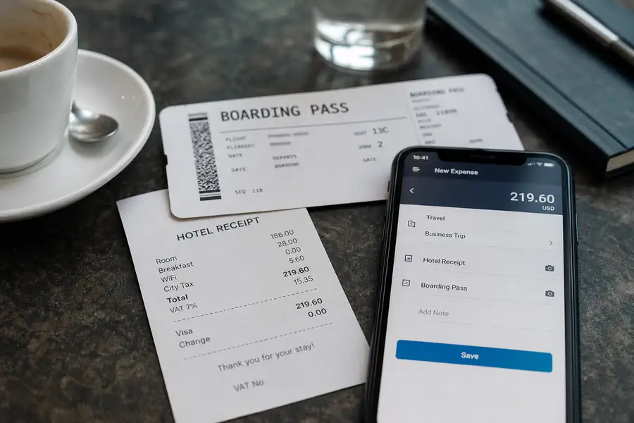 Of boarding pass, hotel receipt and phone with an expense app on a cafe table, shallow depth of field, realistic photo