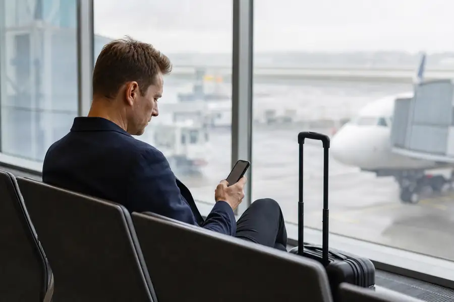 Business traveler with carry-on reviewing expenses on a phone at an airport gate, realistic photo