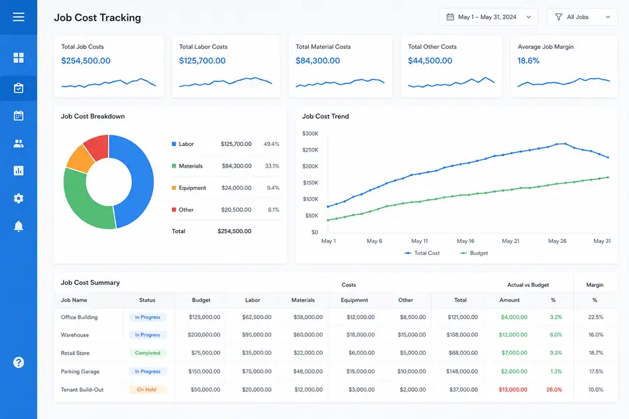 Clean SaaS dashboard illustration for how to track job costs, modern flat UI style, brand blue accents