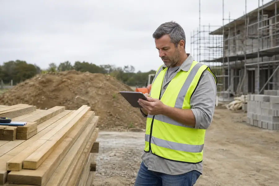 Construction site manager reviewing costs on a tablet beside building materials, realistic photo