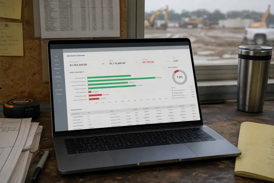 Of job cost dashboard with project profit bars on a laptop at a job site trailer, shallow depth of field, realistic photo