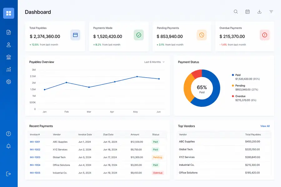 Clean SaaS dashboard illustration for vendor payment system, modern flat UI style, brand blue accents
