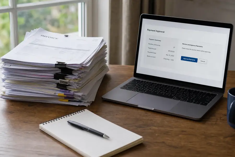 Stack of vendor invoices beside a laptop showing a payment approval screen, realistic photo