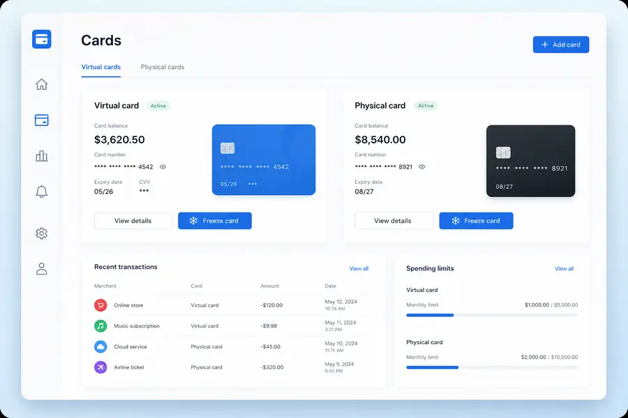 Clean SaaS dashboard illustration for virtual vs physical card, modern flat UI style, brand blue accents