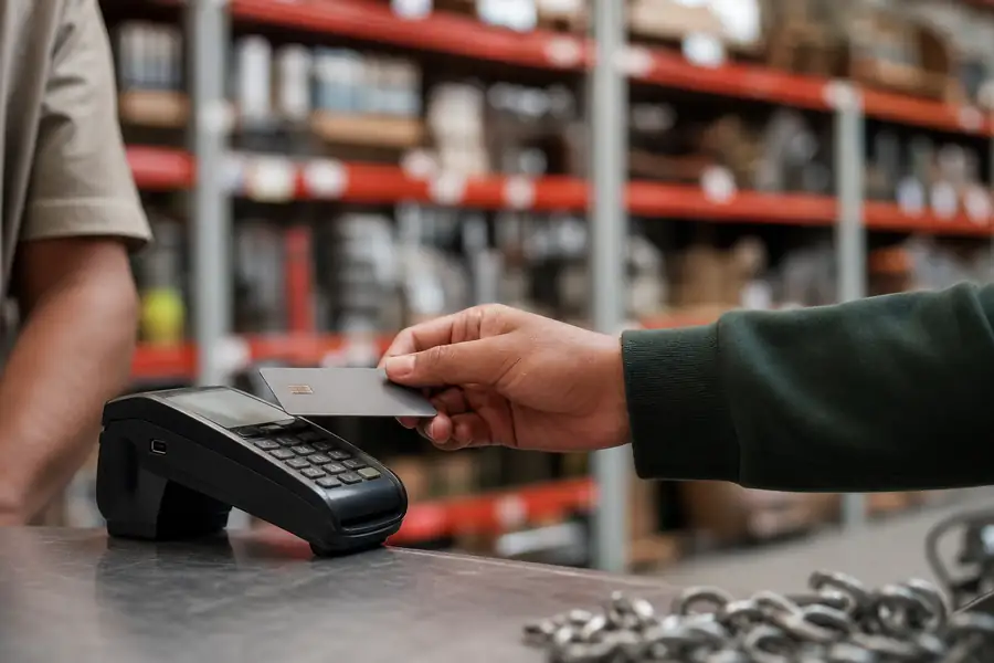 Employee corporate card being tapped at a hardware store counter, realistic photo