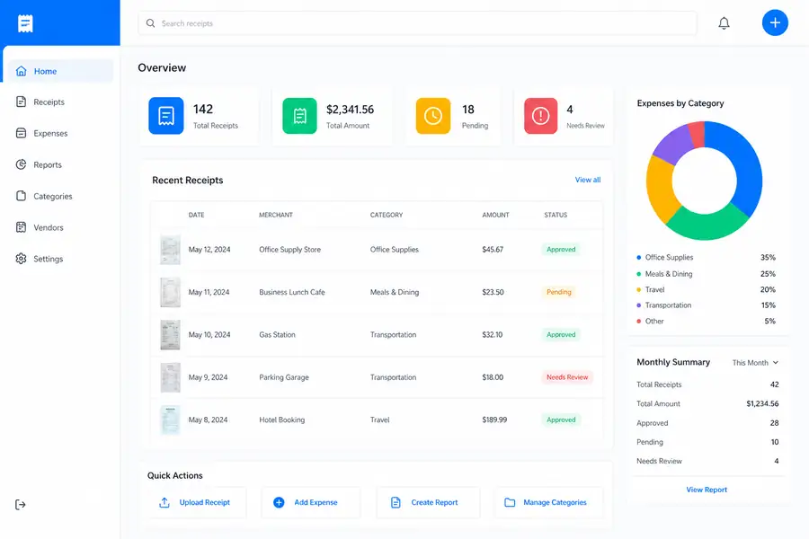 Clean SaaS dashboard illustration for what is a receipt, modern flat UI style, brand blue accents