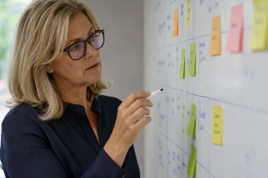 Of finance manager comparing software options on a whiteboard shortlist, shallow depth of field, realistic photo