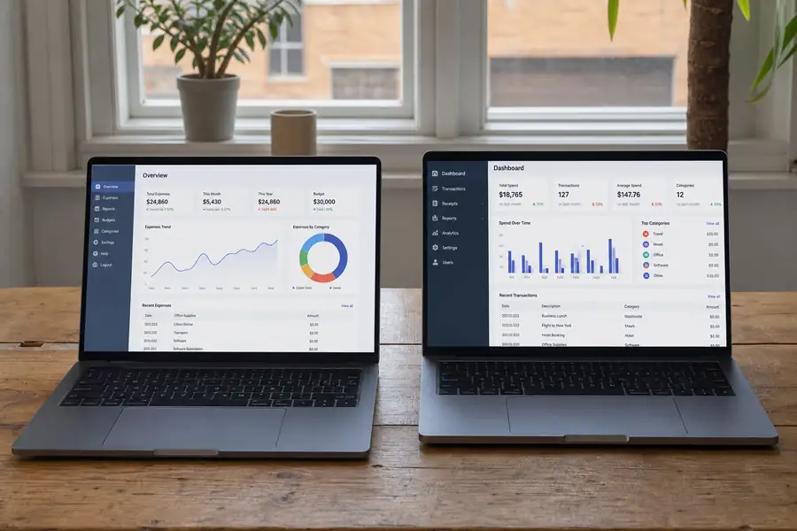 Two laptops side by side showing different expense software dashboards, realistic photo